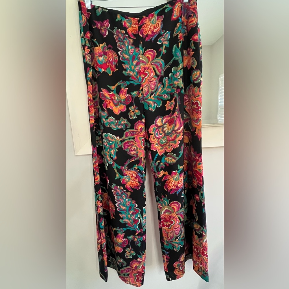 Ralph Lauren Black Wide-Leg Pants with Vibrant Floral Print